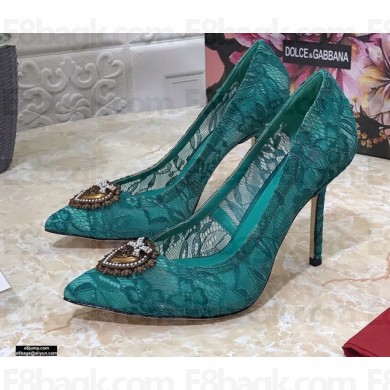 Dolce & Gabbana Heel 10.5cm Taormina Lace Pumps Green with Devotion Heart 2021