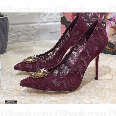 Dolce & Gabbana Heel 10.5cm Taormina Lace Pumps Burgundy with Devotion Heart 2021