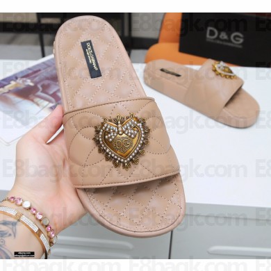 Dolce & Gabbana Matelassé Leather Beachwear Sliders Nude with Devotion Heart 2021