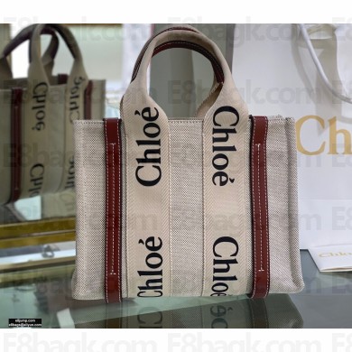 Chloe Small Woody Tote Bag White/Brown in Cotton Canvas and Shiny Calfskin 2021