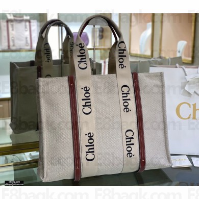 Chloe Large Woody Tote Bag White/Brown in Cotton Canvas and Shiny Calfskin 2021
