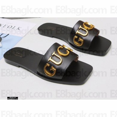 Gucci Gold Logo Slide Sandals Black 2021