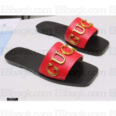 Gucci Gold Logo Slide Sandals Red 2021