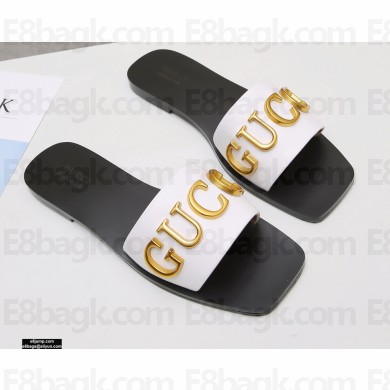 Gucci Gold Logo Slide Sandals White 2021