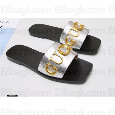 Gucci Gold Logo Slide Sandals Silver 2021