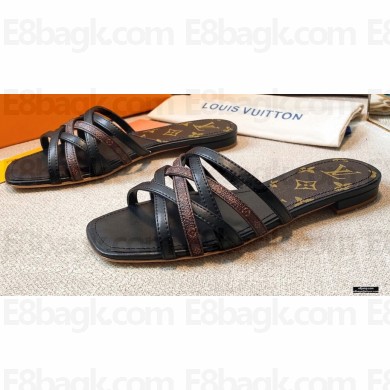 Louis Vuitton Calf Leather and Nano Monogram Canvas Flat Mules Black 2021