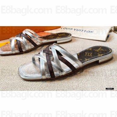 Louis Vuitton Calf Leather and Nano Monogram Canvas Flat Mules Silver 2021