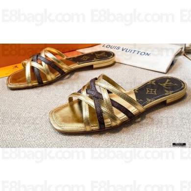 Louis Vuitton Calf Leather and Nano Monogram Canvas Flat Mules Gold 2021