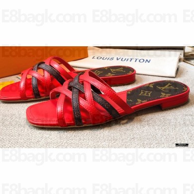 Louis Vuitton Calf Leather and Nano Monogram Canvas Flat Mules Red 2021