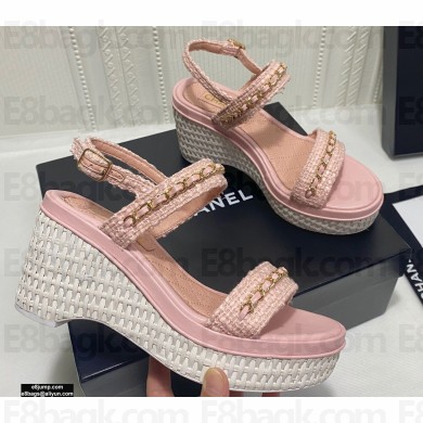 Chanel Chain Wedge Sandals Tweed Pink 2021