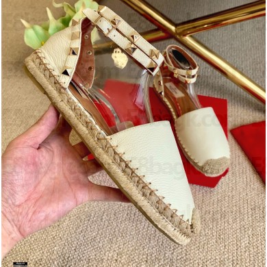 Valentino Grainy Calfskin Leather Rockstud Double Flat Espadrilles White 2021