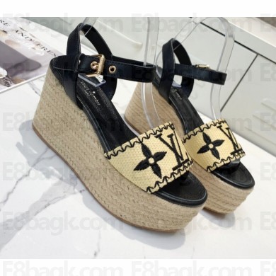 Louis Vuitton Heel 10cm Platform 6cm Boundary Wedge Sandals Black Embroidered Raffia 2021
