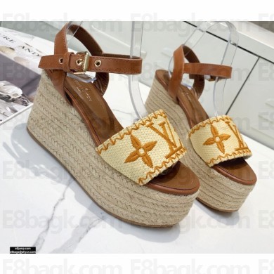 Louis Vuitton Heel 10cm Platform 6cm Boundary Wedge Sandals Brown Embroidered Raffia 2021