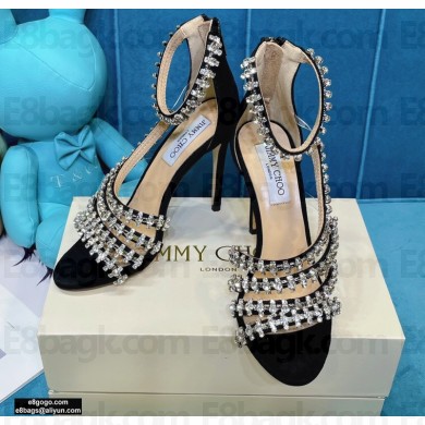 Jimmy Choo Heel 10cm Josefine Sandals Suede Black with Crystal Embellishment 2021