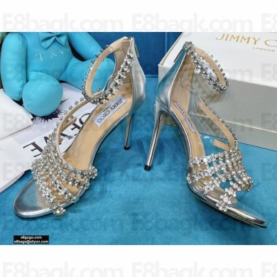 Jimmy Choo Heel 10cm Josefine Sandals Leather Silver with Crystal Embellishment 2021