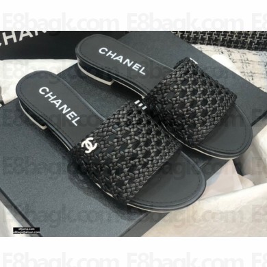 Chanel Shiny Braided Goatskin Flat Mules G37405 Black 2021