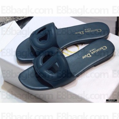 Dior D-Club Flat Slides Mules in Calfskin Dark Blue 2021