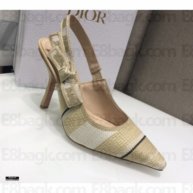 Dior Heel 9.5cm J'Adior Slingback Pumps Beige Embroidered Cotton with Stripes Motif 2021