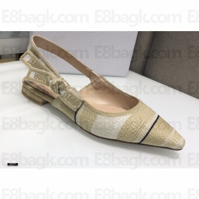 Dior J'Adior Slingback Ballerina Flats Beige Embroidered Cotton with Stripes Motif 2021