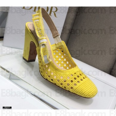 Dior Heel 9.5cm Moi Slingback Pumps Cannage Embroidered Mesh Yellow 2021