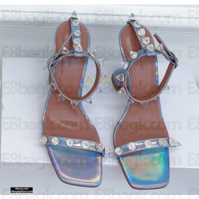 Amina Muaddi Heel 9.5cm Julia Diamond Spikes Embellished Sandals Patent Rainbow