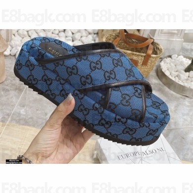Gucci Heel 5.5cm Platform 4cm Criss-cross Straps GG Slide Sandals Canvas Blue 2021