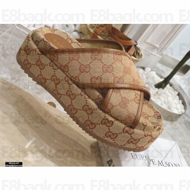 Gucci Heel 5.5cm Platform 4cm Criss-cross Straps GG Slide Sandals Canvas Beige 2021