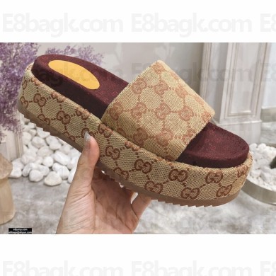 Gucci Heel 5.5cm Platform 4cm GG Slide Sandals Canvas Beige 2021
