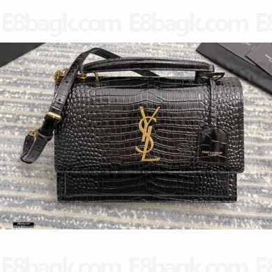 Saint Laurent Medium Sunset Satchel Bag in Leather 634723 Crocodile Embossed Black