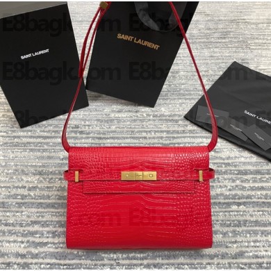 Saint Laurent Manhattan Shoulder Bag in Crocodile Embossed Leather 579271 Red