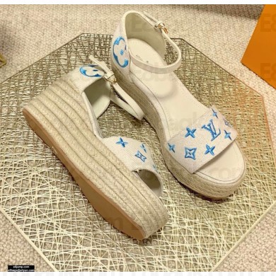 Louis Vuitton Monogram-embroidered Canvas Starboard Wedge Espadrilles Sandals White/Blue 2021