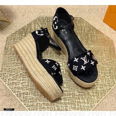 Louis Vuitton Monogram-embroidered Canvas Starboard Wedge Espadrilles Sandals Black/White 2021