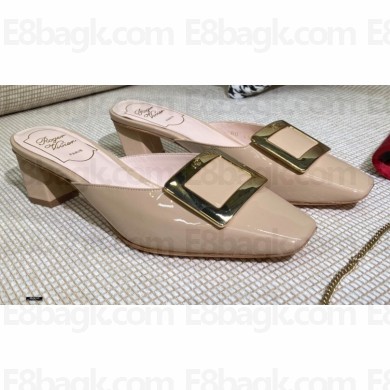 Roger Vivier Heel 4.5cm Belle Metal Buckle Mules in Leather Patent Nude 2021