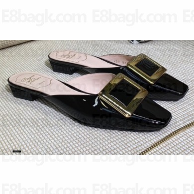 Roger Vivier Heel 2cm Belle Metal Buckle Mules in Leather Patent Black 2021