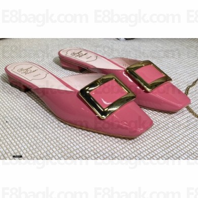 Roger Vivier Heel 2cm Belle Metal Buckle Mules in Leather Patent Pink 2021