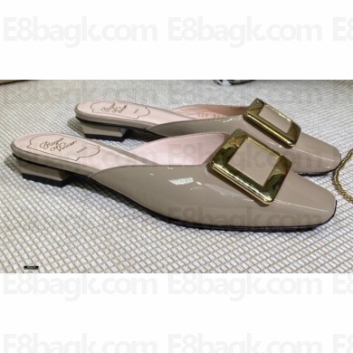 Roger Vivier Heel 2cm Belle Metal Buckle Mules in Leather Patent Gray 2021