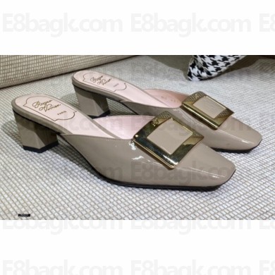Roger Vivier Heel 4.5cm Belle Metal Buckle Mules in Leather Patent Gray 2021