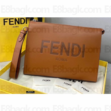 Fendi Roma Leather Flat Pouch Clutch Bag Brown 2021
