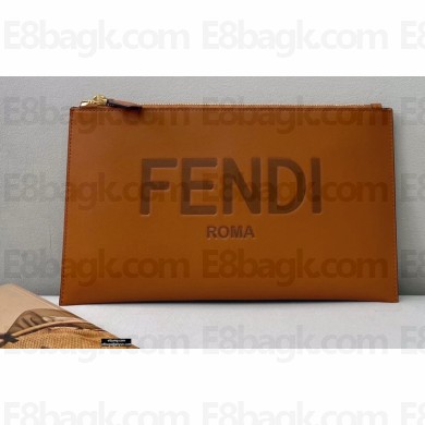 Fendi Leather Medium Flat Pouch Clutch Bag Brown 2021
