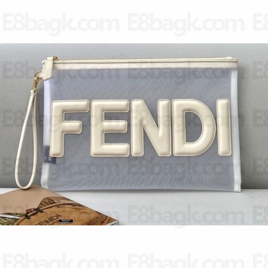 Fendi Micro-Mesh Large Flat Pouch Clutch Bag White 2021
