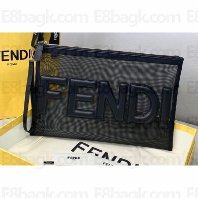 Fendi Micro-Mesh Large Flat Pouch Clutch Bag Black 2021