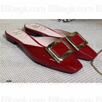 Roger Vivier Heel 2cm Belle Metal Buckle Mules in Leather Patent Burgundy 2021