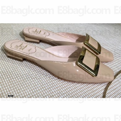 Roger Vivier Heel 2cm Belle Metal Buckle Mules in Leather Patent Nude 2021