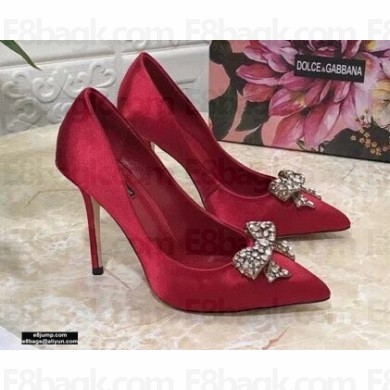 Dolce & Gabbana Heel 10.5cm Satin Pumps Red with Crystal Bow 2021