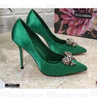 Dolce & Gabbana Heel 10.5cm Satin Pumps Green with Crystal Bow 2021