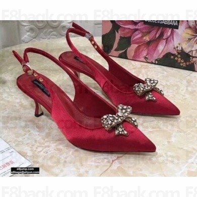 Dolce & Gabbana Heel 6.5cm Satin Slingbacks Red with Crystal Bow 2021
