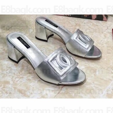 Dolce & Gabbana Heel 6.5cm Calfskin Mules Silver With DG Millennials Logo 2021