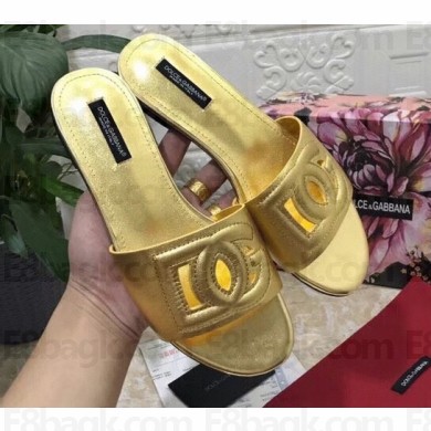 Dolce & Gabbana Calfskin Flat Sliders Gold With DG Millennials Logo 2021