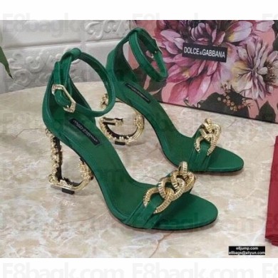Dolce & Gabbana Heel 10.5cm Leather Chain Sandals Green with Baroque D&G Heel 2021