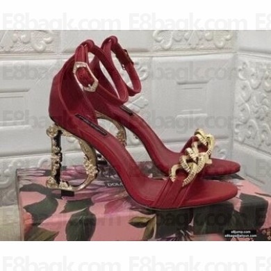 Dolce & Gabbana Heel 10.5cm Leather Chain Sandals Red with Baroque D&G Heel 2021